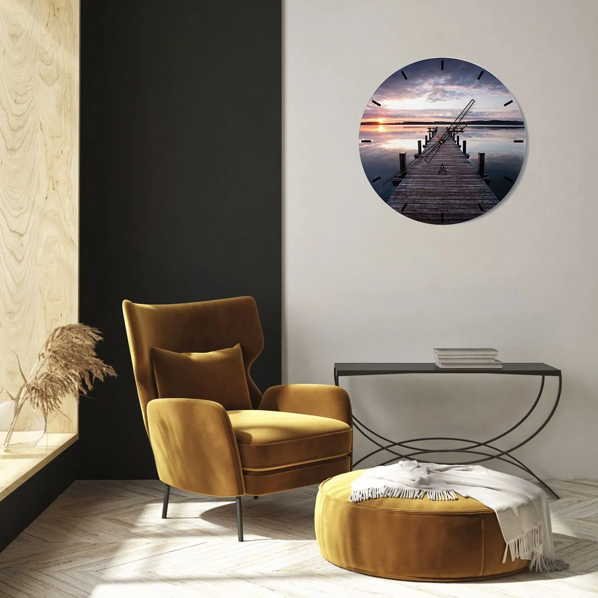 Relógio de parede - Relógio em vidro - Cais de madeira que leva ao lago ao pôr do sol - 30x30cm - A tranquila fronteira do dia e da noite - Decoração de parede moderna para a sala de estar, cozinha e quarto ARTTOR