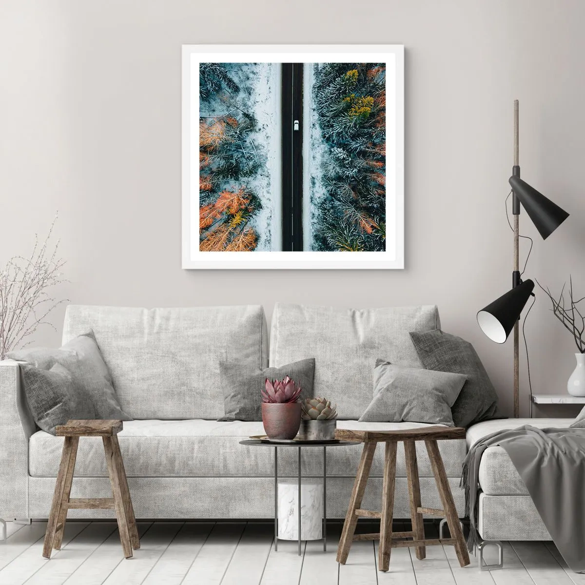 Pôster em moldura branca - Cortar a floresta no inverno - 40x40 cm