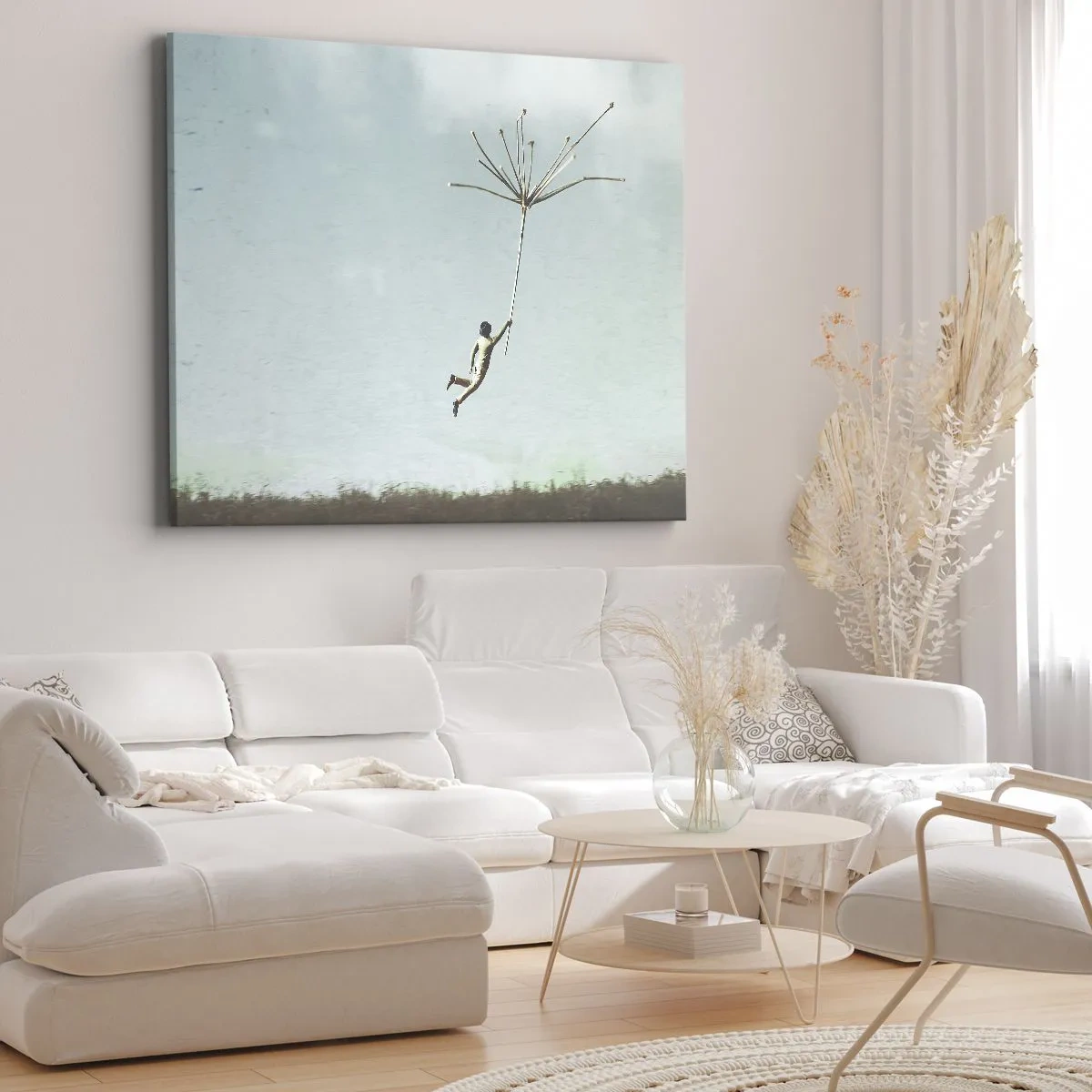 Quadro em tela - Uma figura levantada por uma grande semente de dente-de-leão - 70x50cm - Papagaios, balões, vento - Decoração de parede moderna para a sala de estar e quarto ARTTOR