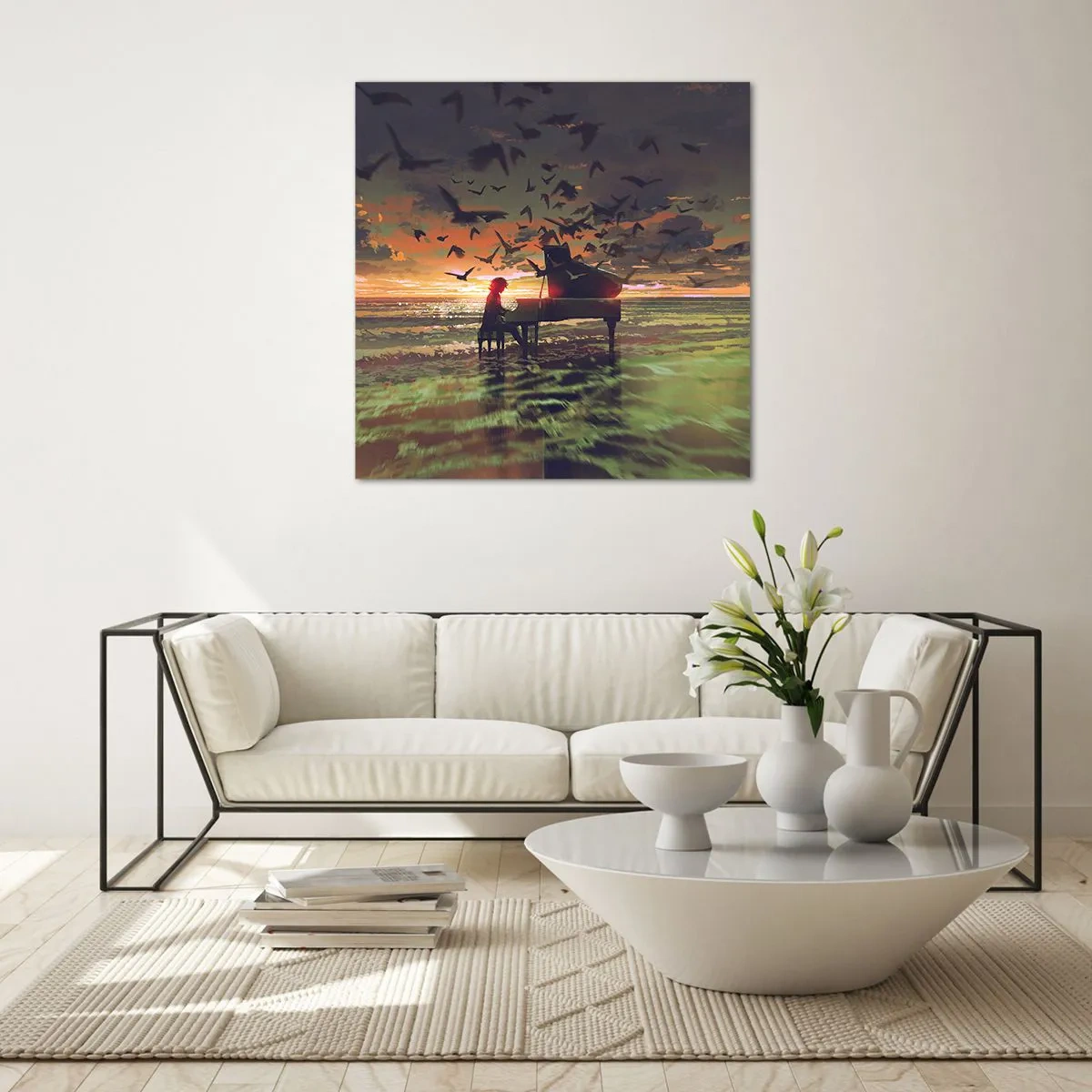 Quadro em vidro - Um concerto de piano e ondas - 70x70 cm