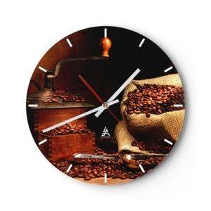Relógio de parede - Relógio em vidro - Grãos de café e um moedor de estilo rústico - 30x30cm - Natureza morta com grãos de café e moedor - Decoração de parede moderna para a sala de estar, cozinha e quarto ARTTOR