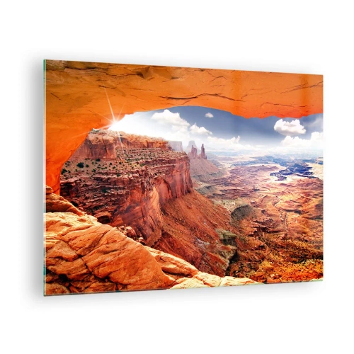Quadro em vidro - Vista do cânion através de um arco de rocha com raios de sol - 70x50cm - Esculpido pela própria natureza - Decoração de parede moderna para a sala de estar e quarto ARTTOR
