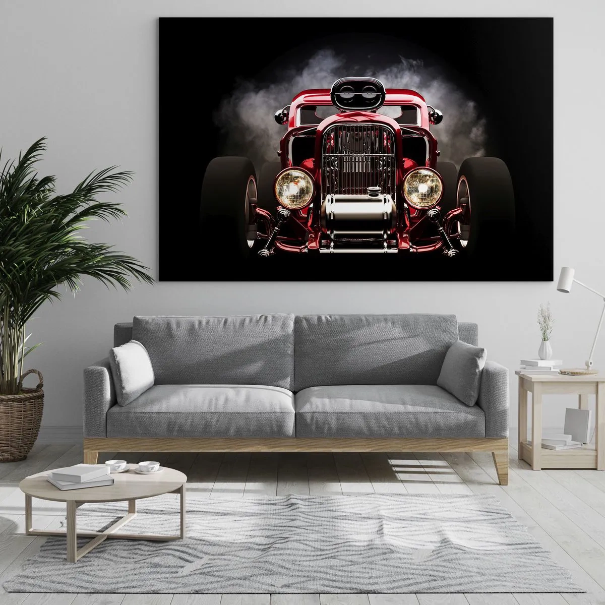 Quadro em vidro - Red hot rod em fumaça espessa - 70x50cm - Velozes e bonitos - Decoração de parede moderna para a sala de estar e quarto ARTTOR