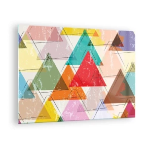 Quadro em vidro - Padrão abstrato de triângulos em cores diferentes - 70x50cm - Três por três - Decoração de parede moderna para a sala de estar e quarto ARTTOR
