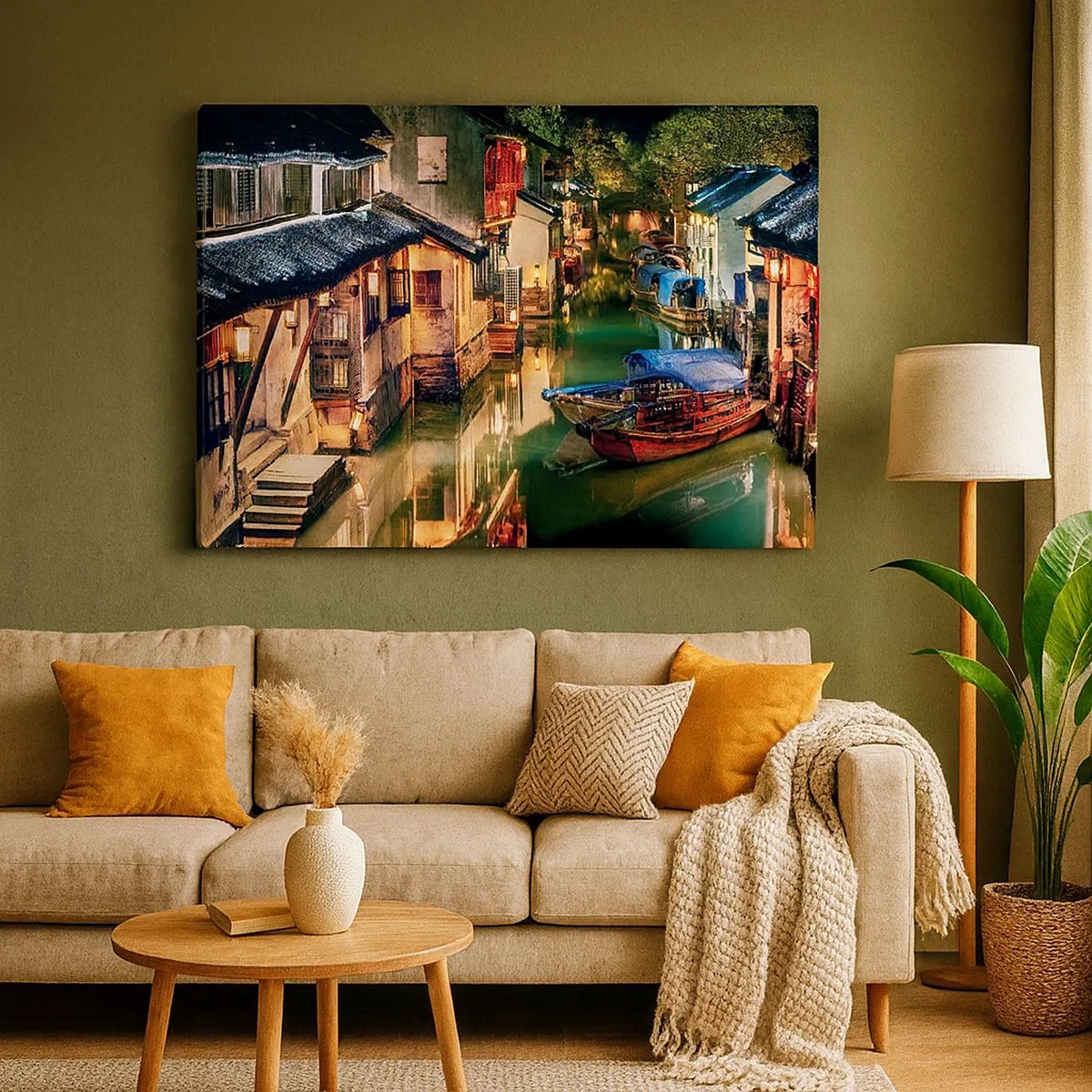 Quadro em tela - Vista noturna dos canais com barcos e casas tradicionais - 70x50cm - Uma noite em uma rua chinesa - Decoração de parede moderna para a sala de estar e quarto ARTTOR