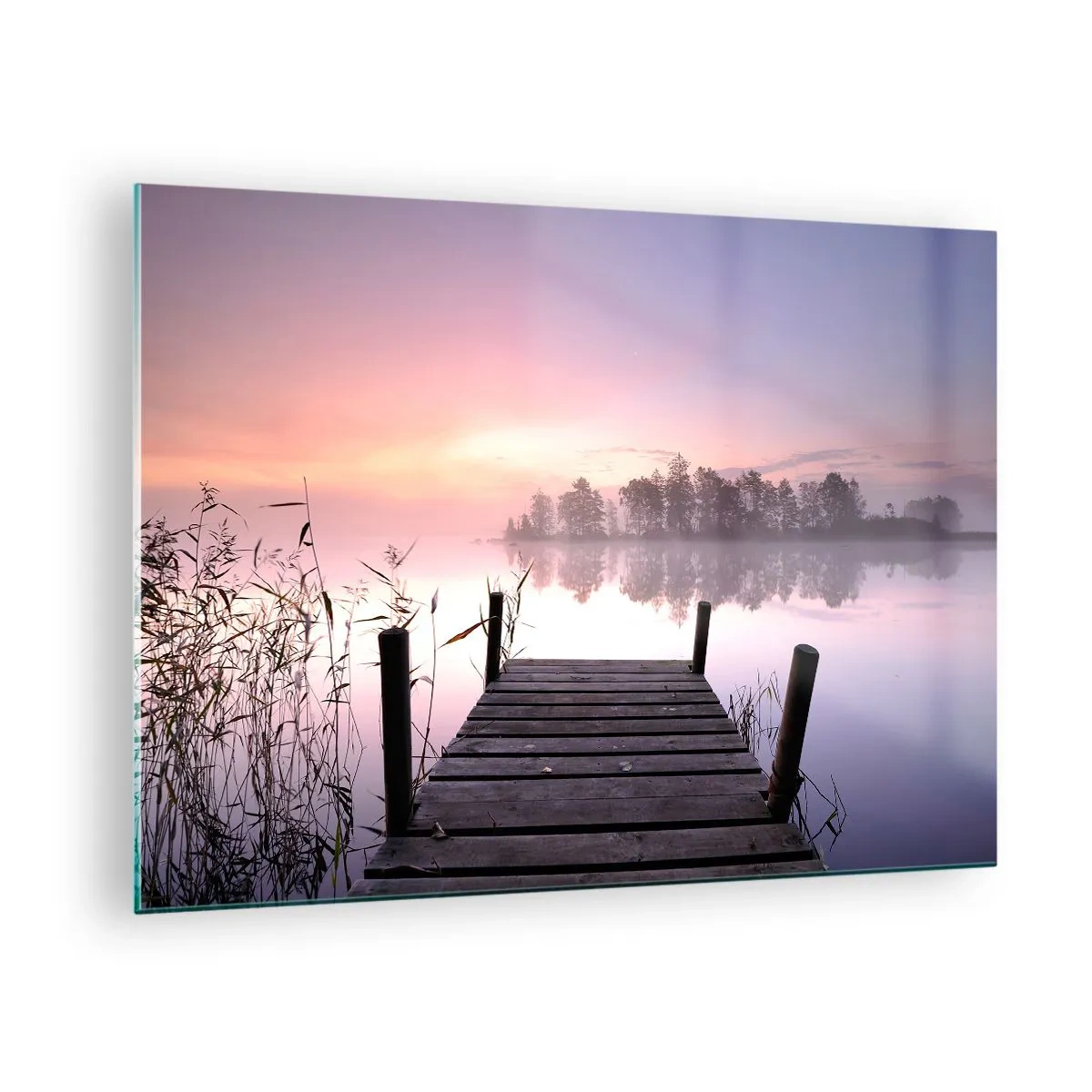 Quadro em vidro - Um píer ao nascer do sol sobre um lago calmo - 70x50cm - Da névoa lilás... - Decoração de parede moderna para a sala de estar e quarto ARTTOR