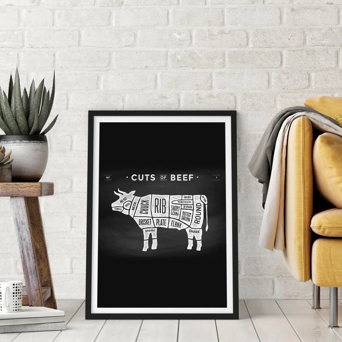 Pôster com moldura preta - Diagrama de cortes de carne bovina em um fundo preto em estilo retrô - 50x70cm - Cartilha do talhante - Decoração de parede moderna para a sala de estar e quarto ARTTOR