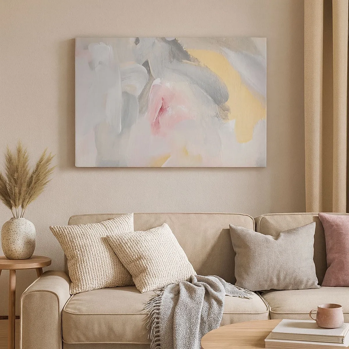 Quadro em tela - Pinceladas abstratas em tons de rosa e cinza. - 70x50cm - Em um mundo pastel - Decoração de parede moderna para a sala de estar e quarto ARTTOR