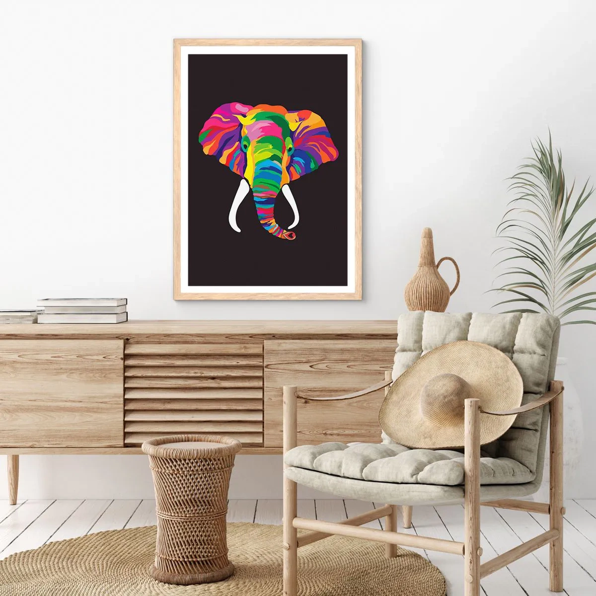 Pôster com moldura de carvalho claro - O elefante que adorava banhar-se no arco-íris - 30x40 cm