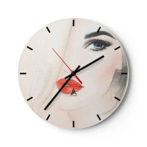Relógio de parede - Relógio em vidro - Retrato artístico de uma mulher com lábios vermelhos e olhos azuis - 30x30cm - Hipnotiza e intoxica - Decoração de parede moderna para a sala de estar, cozinha e quarto ARTTOR
