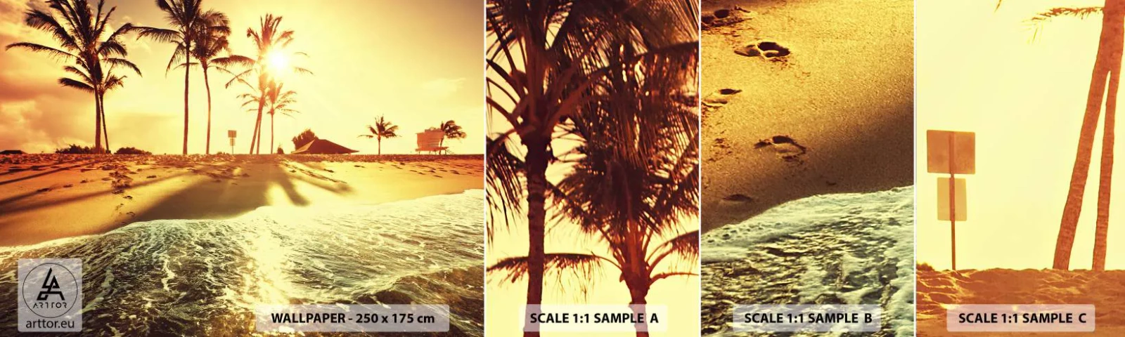 Amostra de Papel de Parede Standard Eco - Califórnia à tarde - Paisagem, Praia, Coqueiro - 100x30 cm