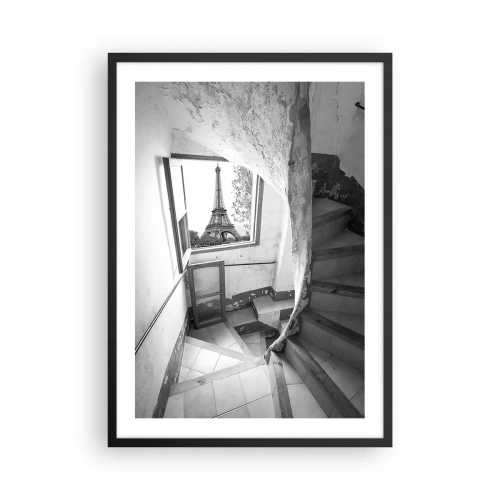 Pôster com moldura preta - Vista da Torre Eiffel através de uma janela de um edifício antigo - 50x70cm - Que vista! - Decoração de parede moderna para a sala de estar e quarto ARTTOR