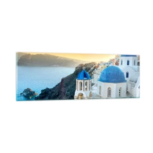 Quadro em vidro - Santorini - abraçada às rochas - 90x30 cm