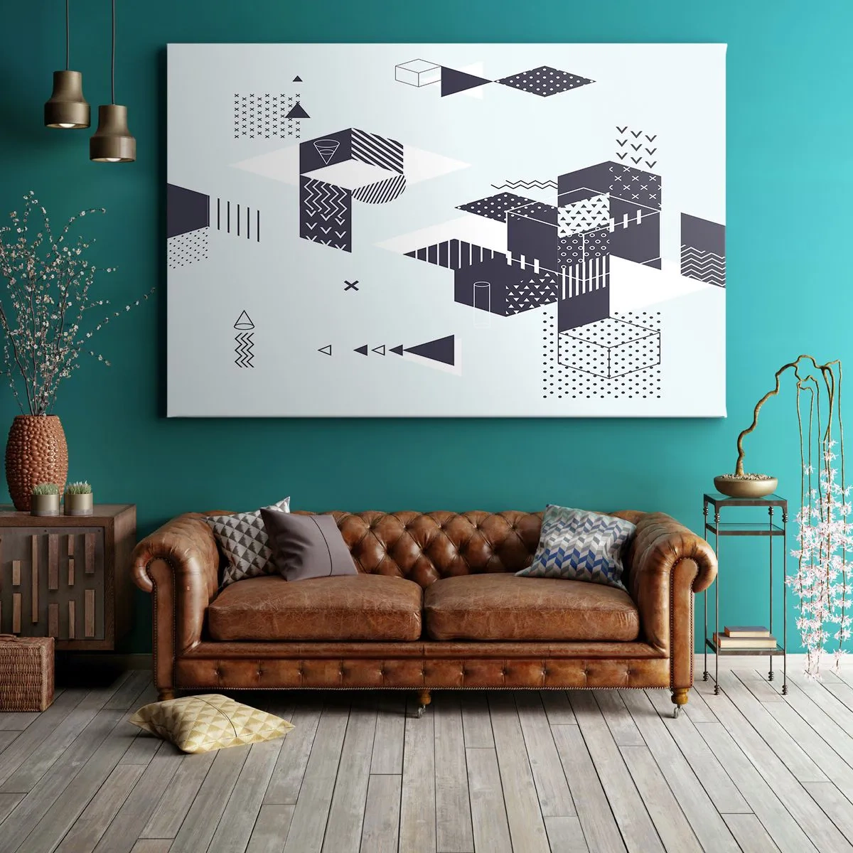 Quadro em tela - Gráficos geométricos modernos em tons de branco e azul marinho - 70x50cm - Na alma de um matemático - Decoração de parede moderna para a sala de estar e quarto ARTTOR