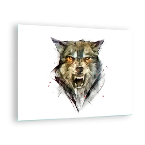 Quadro em vidro - Um gráfico de um lobo ameaçador com a boca aberta e um olhar intenso - 70x50cm - Nem um passo! - Decoração de parede moderna para a sala de estar e quarto ARTTOR