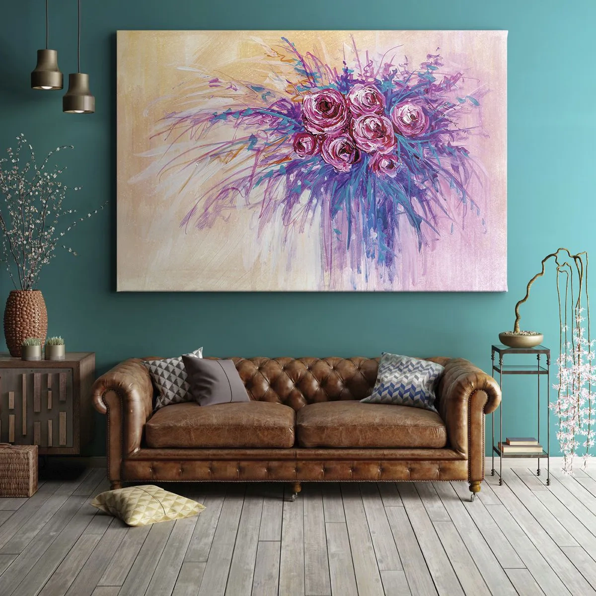 Quadro em tela - Um buquê de rosas em tons pastéis - 70x50cm - Fonte de rosas - Decoração de parede moderna para a sala de estar e quarto ARTTOR
