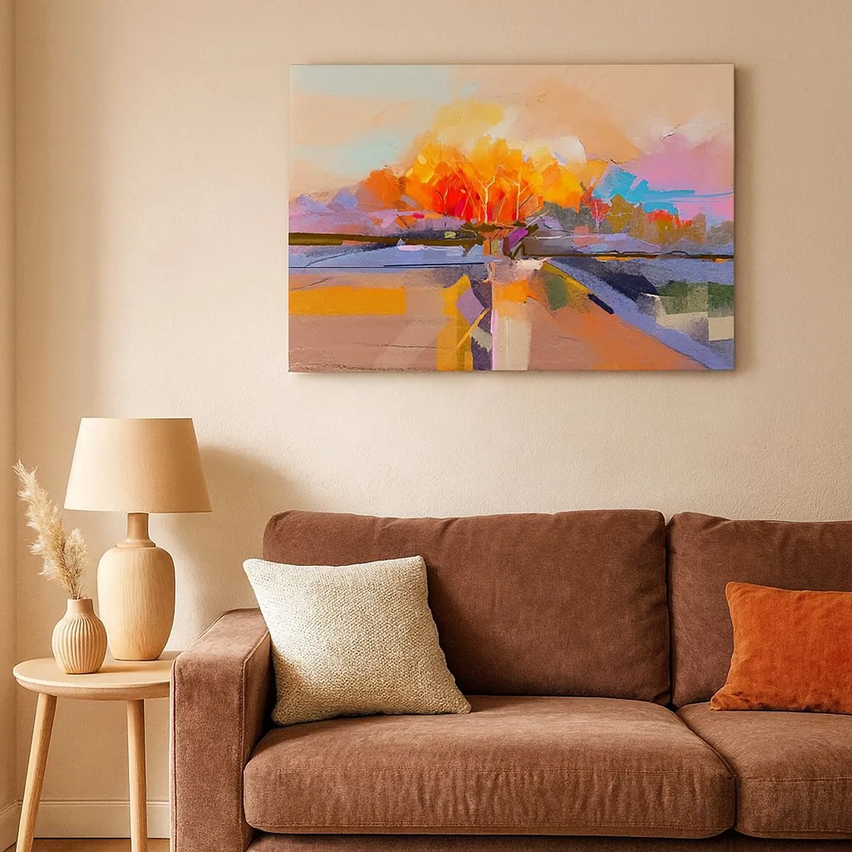 Quadro em tela - Uma paisagem abstrata com cores intensas de outono. - 70x50cm - O outono chegou - Decoração de parede moderna para a sala de estar e quarto ARTTOR