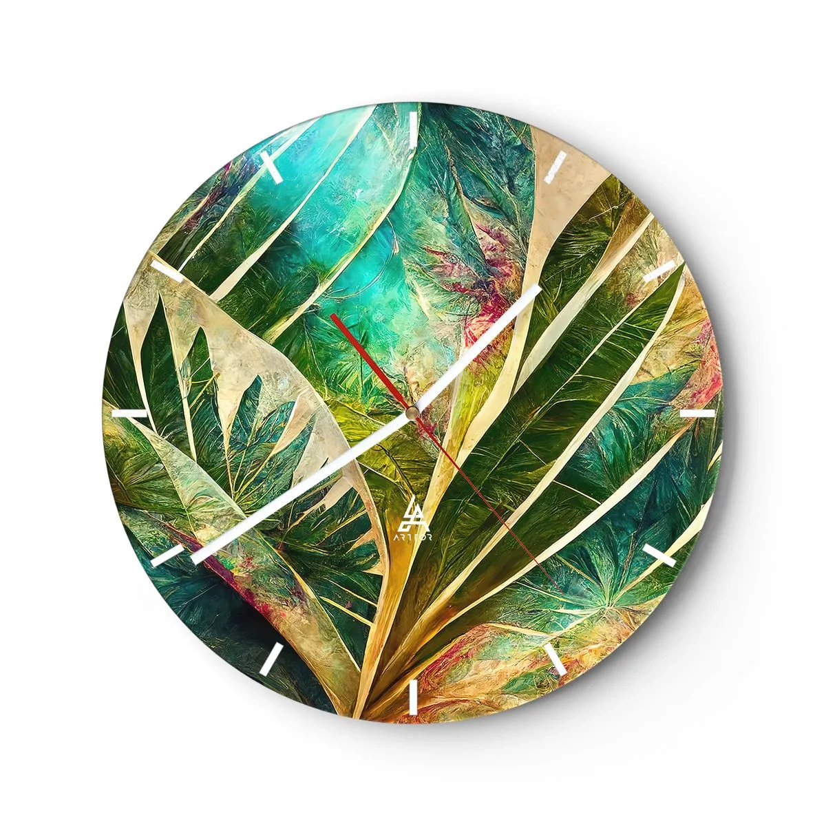 Relógio de parede - Relógio em vidro - Folhas tropicais coloridas em tons intensos de verde - 30x30cm - As cores dos trópicos - Decoração de parede moderna para a sala de estar, cozinha e quarto ARTTOR