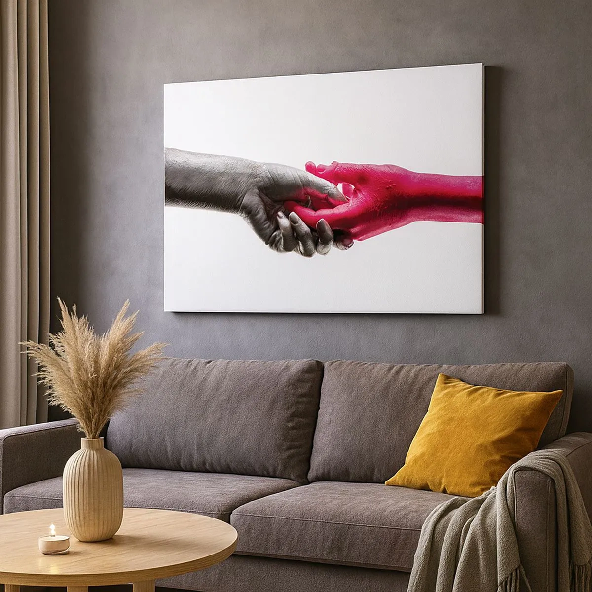 Quadro em tela - Mãos simbólicas em prata e vermelho - 70x50cm - Juntos, mas diferentes - Decoração de parede moderna para a sala de estar e quarto ARTTOR