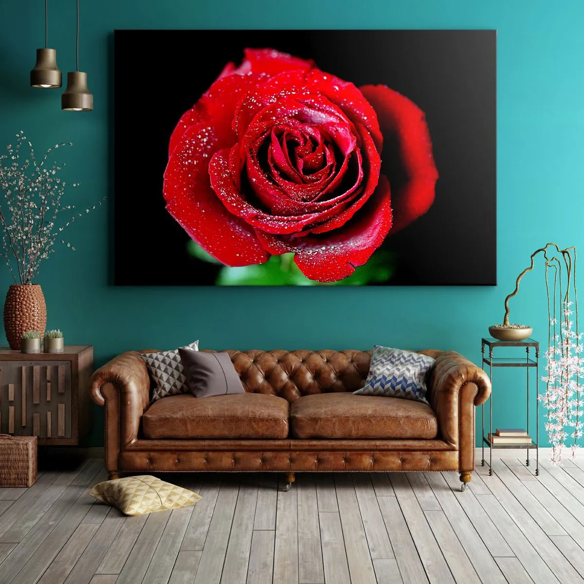Quadro em tela - Uma rosa vermelha coberta com gotas de orvalho sobre um fundo preto. - 70x50cm - Isso é amor - Decoração de parede moderna para a sala de estar e quarto ARTTOR