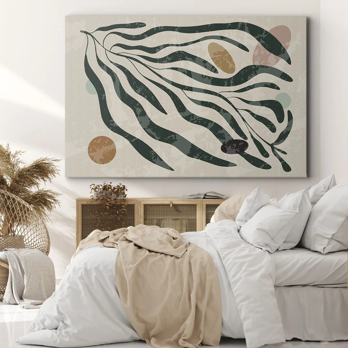 Quadro em tela - Linhas e formas orgânicas em verde e bege - 70x50cm - Entre a vegetação - Decoração de parede moderna para a sala de estar e quarto ARTTOR