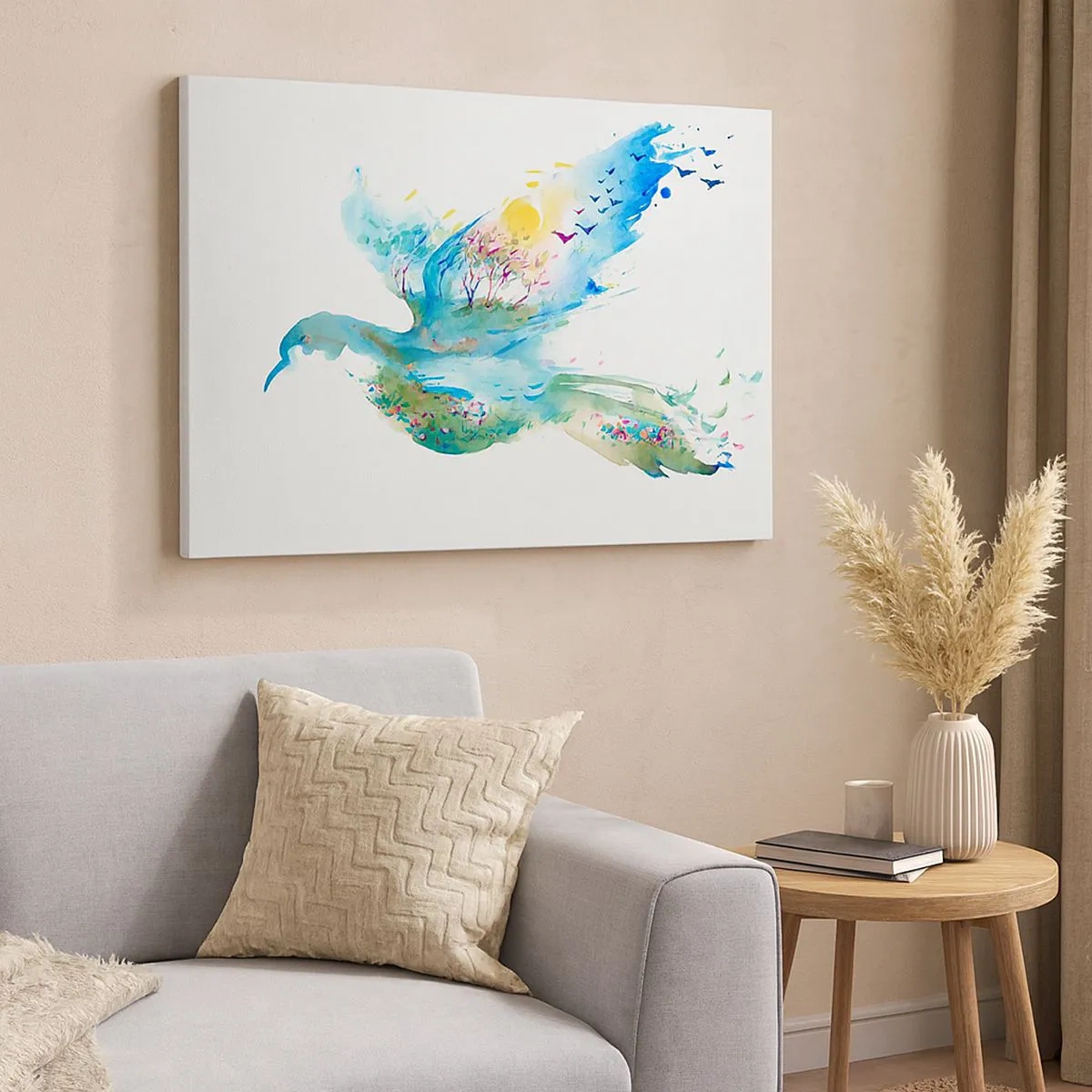 Quadro em tela - Composição em aquarela de um pássaro com elementos da natureza - 70x50cm - Nas asas da natureza - Decoração de parede moderna para a sala de estar e quarto ARTTOR