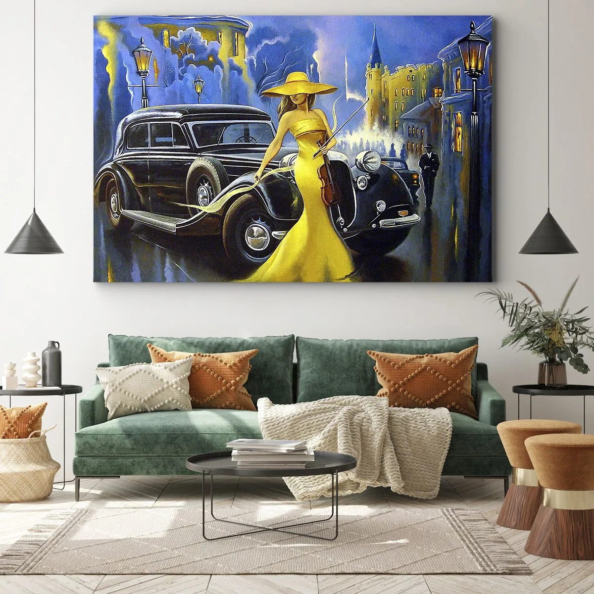 Quadro em tela - Uma mulher de vestido amarelo com um violino ao lado de um carro retrô. - 70x50cm - Música instrumental com violino e amor - Decoração de parede moderna para a sala de estar e quarto ARTTOR