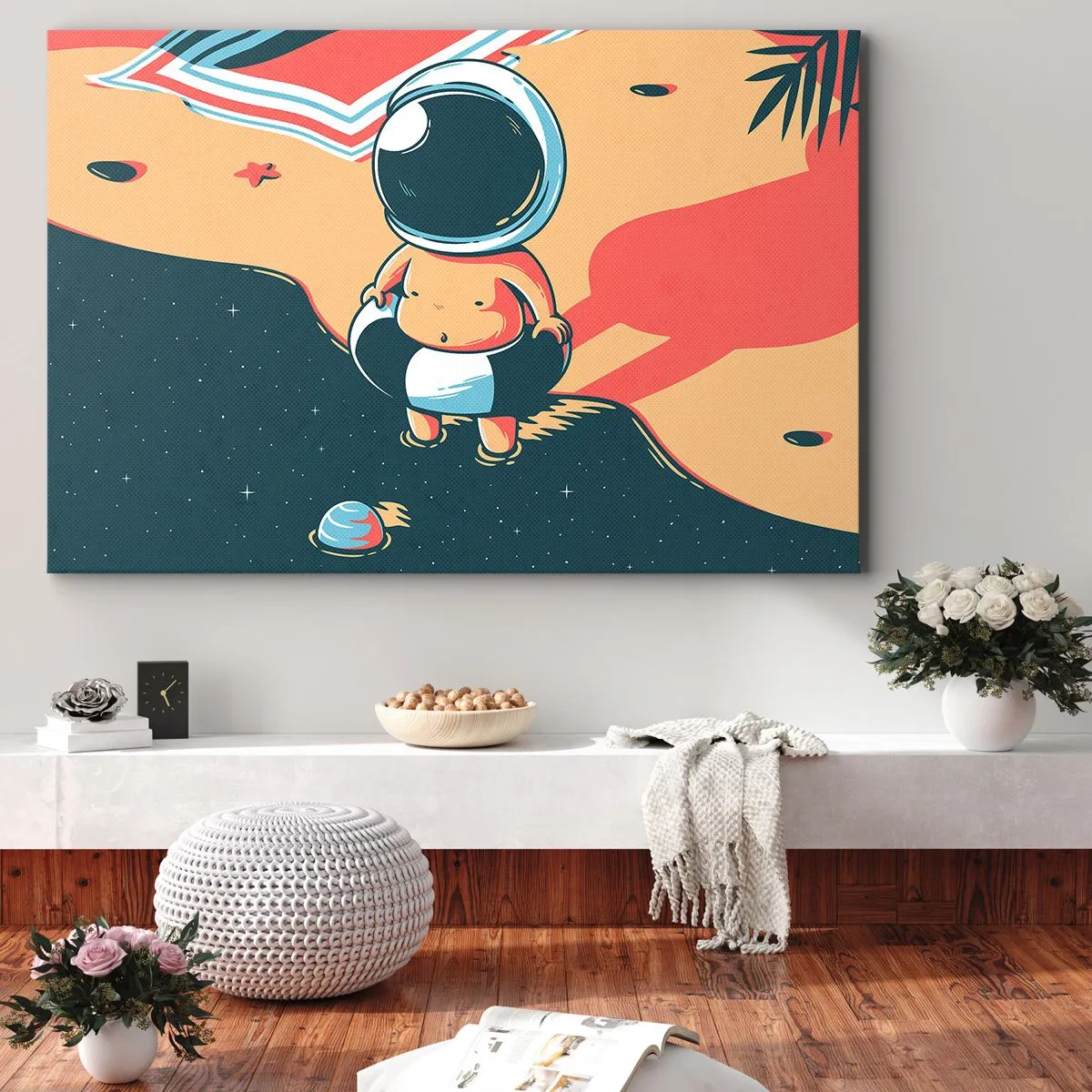 Quadro em tela - Astronauta engraçado na praia com elementos espaciais ao fundo - 70x50cm - De uma perspetiva diferente - Decoração de parede moderna para a sala de estar e quarto ARTTOR
