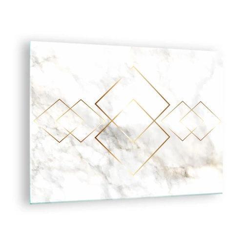 Quadro em vidro - Losangos geométricos dourados sobre fundo de mármore branco - 70x50cm - Vista ao infinito - Decoração de parede moderna para a sala de estar e quarto ARTTOR