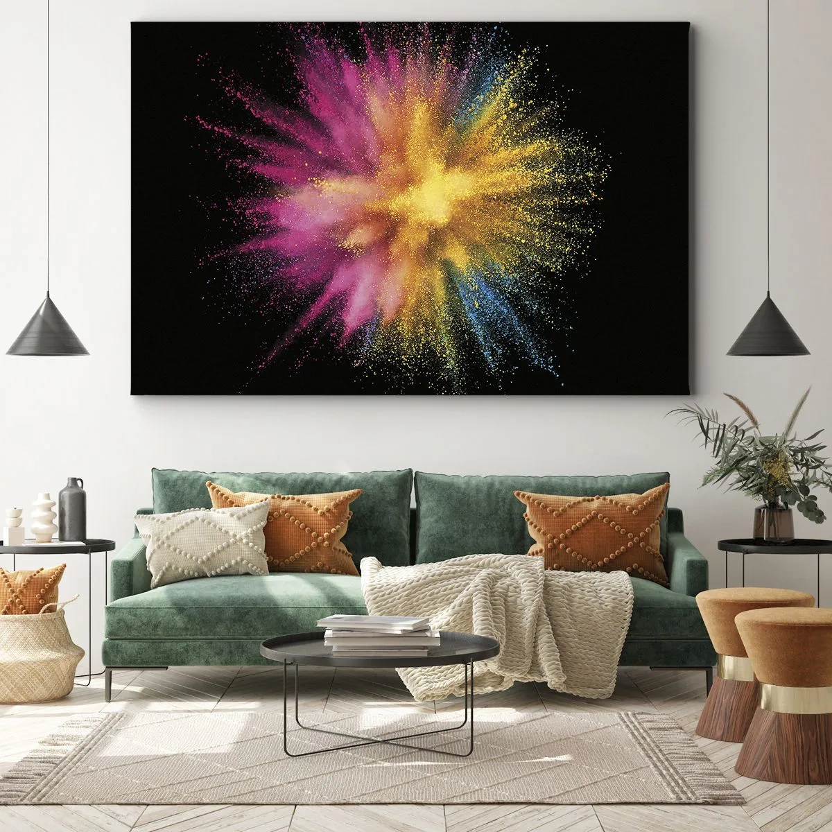 Quadro em tela - Explosão de pó colorido em um fundo preto - 70x50cm - O nascimento das cores - Decoração de parede moderna para a sala de estar e quarto ARTTOR