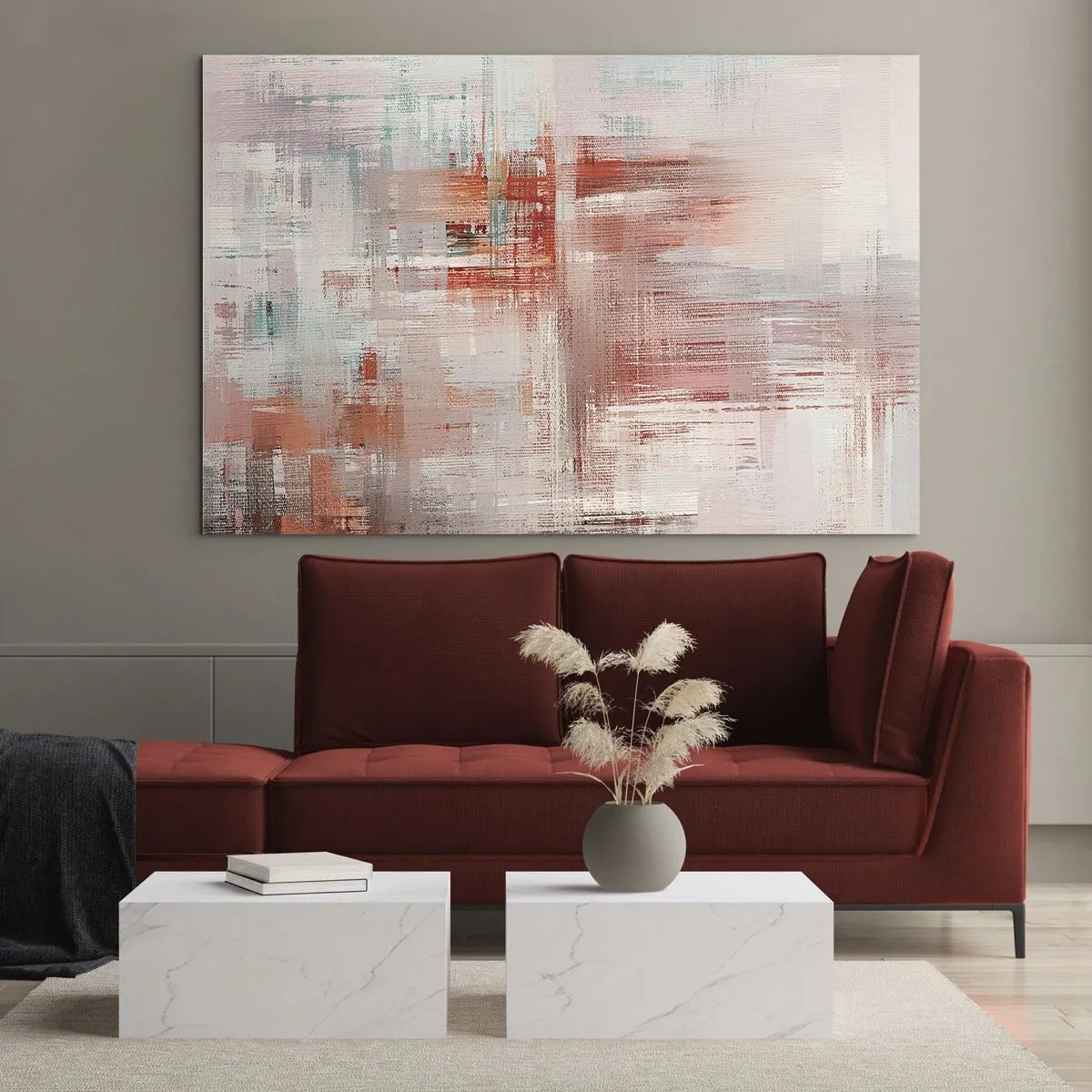 Quadro em vidro - Uma composição abstrata em tons de vermelho e bege. - 70x50cm - Nebuloso. Mas rosa - Decoração de parede moderna para a sala de estar e quarto ARTTOR