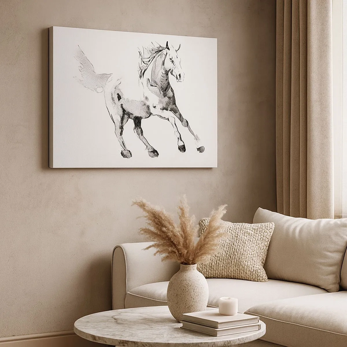 Quadro em tela - Esboço de um cavalo a galope em tons de preto e branco - 70x50cm - Alma Indomável - Decoração de parede moderna para a sala de estar e quarto ARTTOR