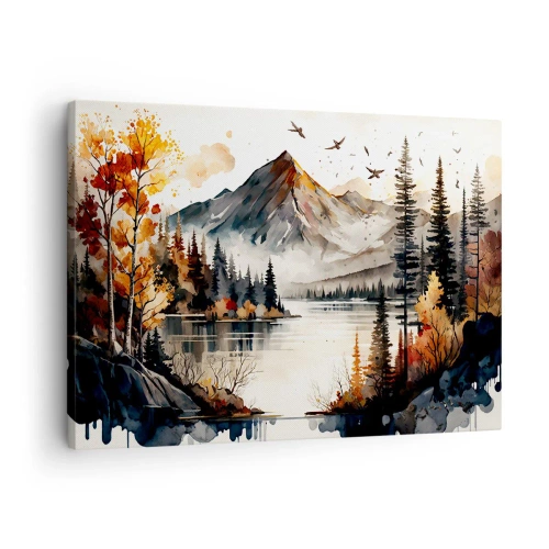 Quadro em tela - Paisagem de montanha de outono com um lago e árvores em aquarela - 70x50cm - Outono dourado nas montanhas - Decoração de parede moderna para a sala de estar e quarto ARTTOR