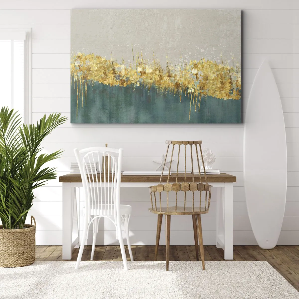 Quadro em tela - Detalhes dourados em fundo verde-bege - 70x50cm - A fronteira dourada - Decoração de parede moderna para a sala de estar e quarto ARTTOR