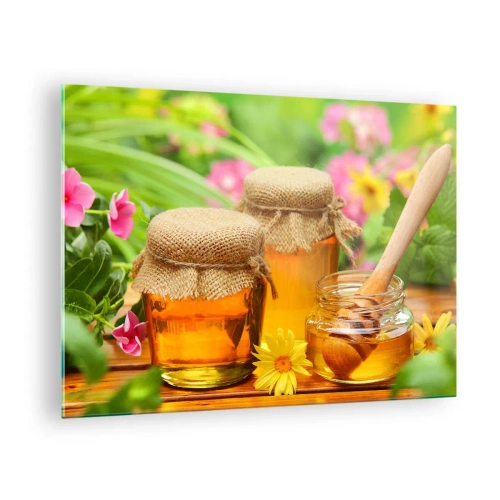 Quadro em vidro - Potes de mel em um fundo de flores no jardim - 70x50cm - Doce e floral - Decoração de parede moderna para a sala de estar e quarto ARTTOR