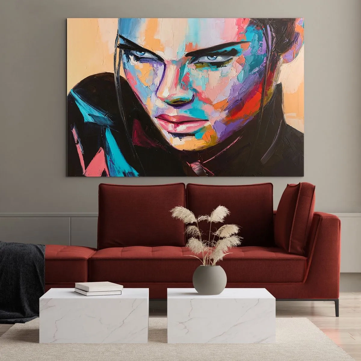 Quadro em vidro - Retrato de uma mulher em cores vibrantes contra um fundo abstrato - 70x50cm - Coração selvagem - Decoração de parede moderna para a sala de estar e quarto ARTTOR
