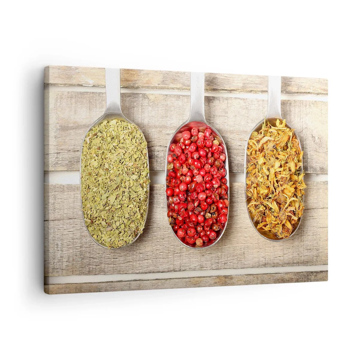 Quadro em tela - Três colheres de metal com especiarias em um fundo de madeira - 70x50cm - Magia da cozinha - Decoração de parede moderna para a sala de estar e quarto ARTTOR