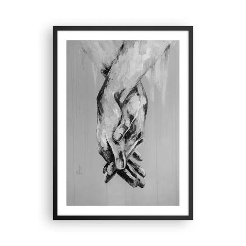Pôster com moldura preta - Uma imagem monocromática de mãos entrelaçadas em um fundo cinza. - 50x70cm - Início... - Decoração de parede moderna para a sala de estar e quarto ARTTOR