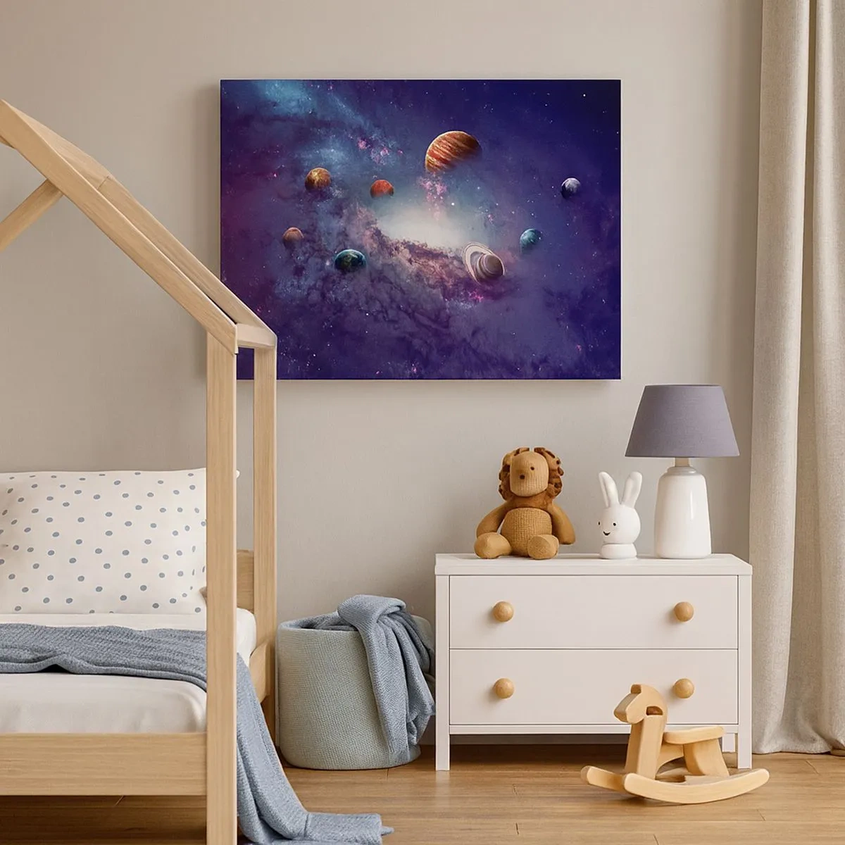Quadro em tela - Planetas em uma galáxia com uma nebulosa ao fundo - 70x50cm - Sistema da dança solar  - Decoração de parede moderna para a sala de estar e quarto ARTTOR