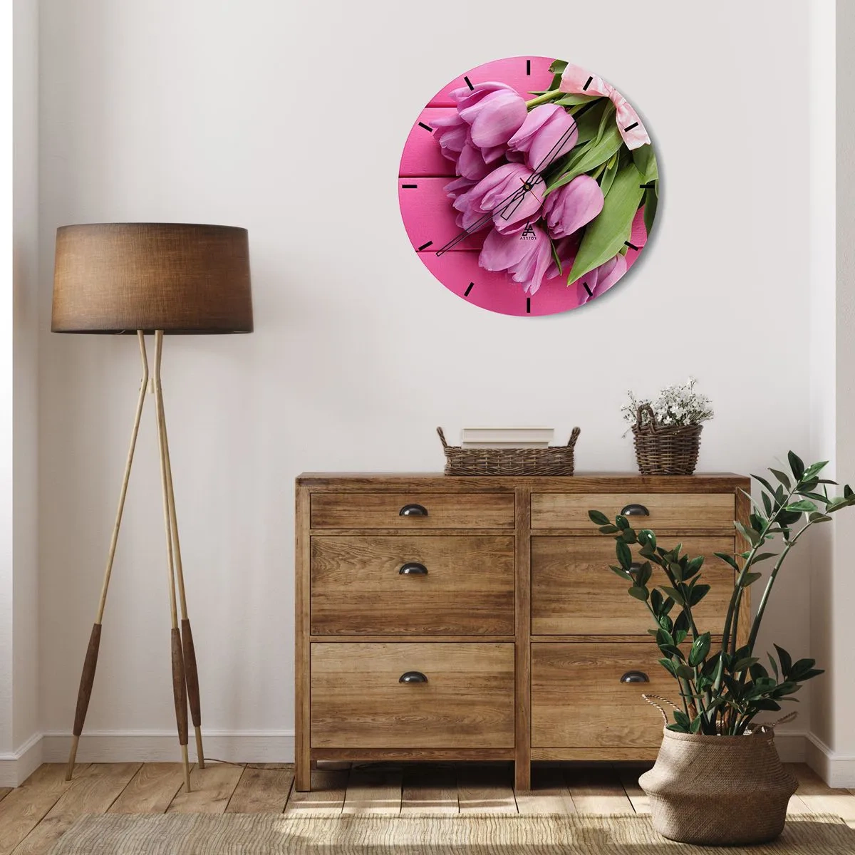 Relógio de parede - Relógio em vidro - Um buquê de tulipas cor-de-rosa em um fundo rosa - 30x30cm - Só para si - Decoração de parede moderna para a sala de estar, cozinha e quarto ARTTOR