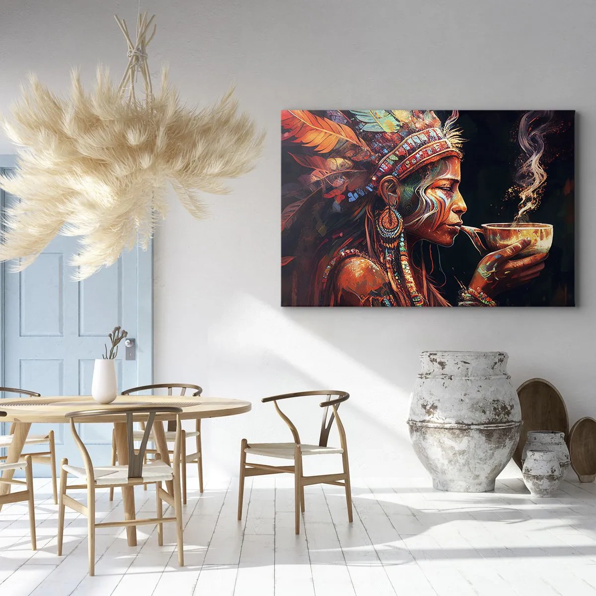 Quadro em tela - Uma figura colorida de estilo étnico com uma xícara de bebida fumegante - 70x50cm - Ritual mágico - Decoração de parede moderna para a sala de estar e quarto ARTTOR