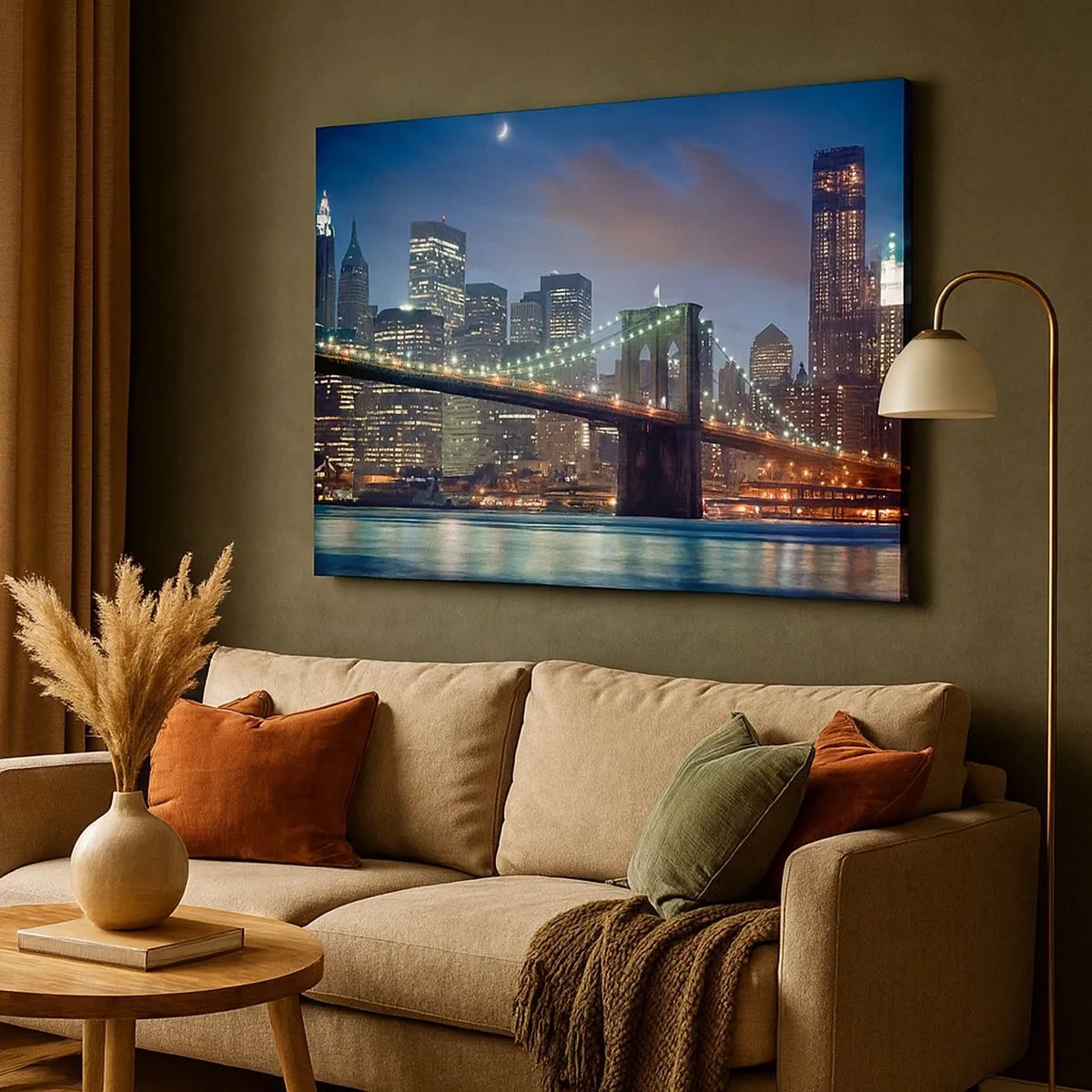 Quadro em tela - Ponte da cidade de Nova York à noite com edifícios iluminados - 70x50cm - Noite brilhante - Decoração de parede moderna para a sala de estar e quarto ARTTOR