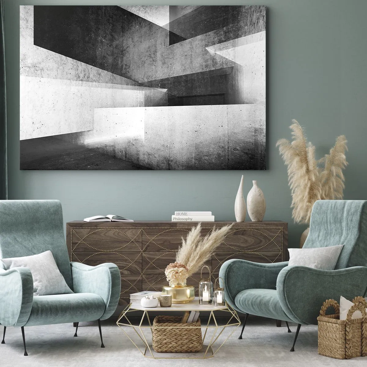 Quadro em tela - Formas geométricas em uma composição monocromática - 70x50cm - Estrutura espacial - Decoração de parede moderna para a sala de estar e quarto ARTTOR