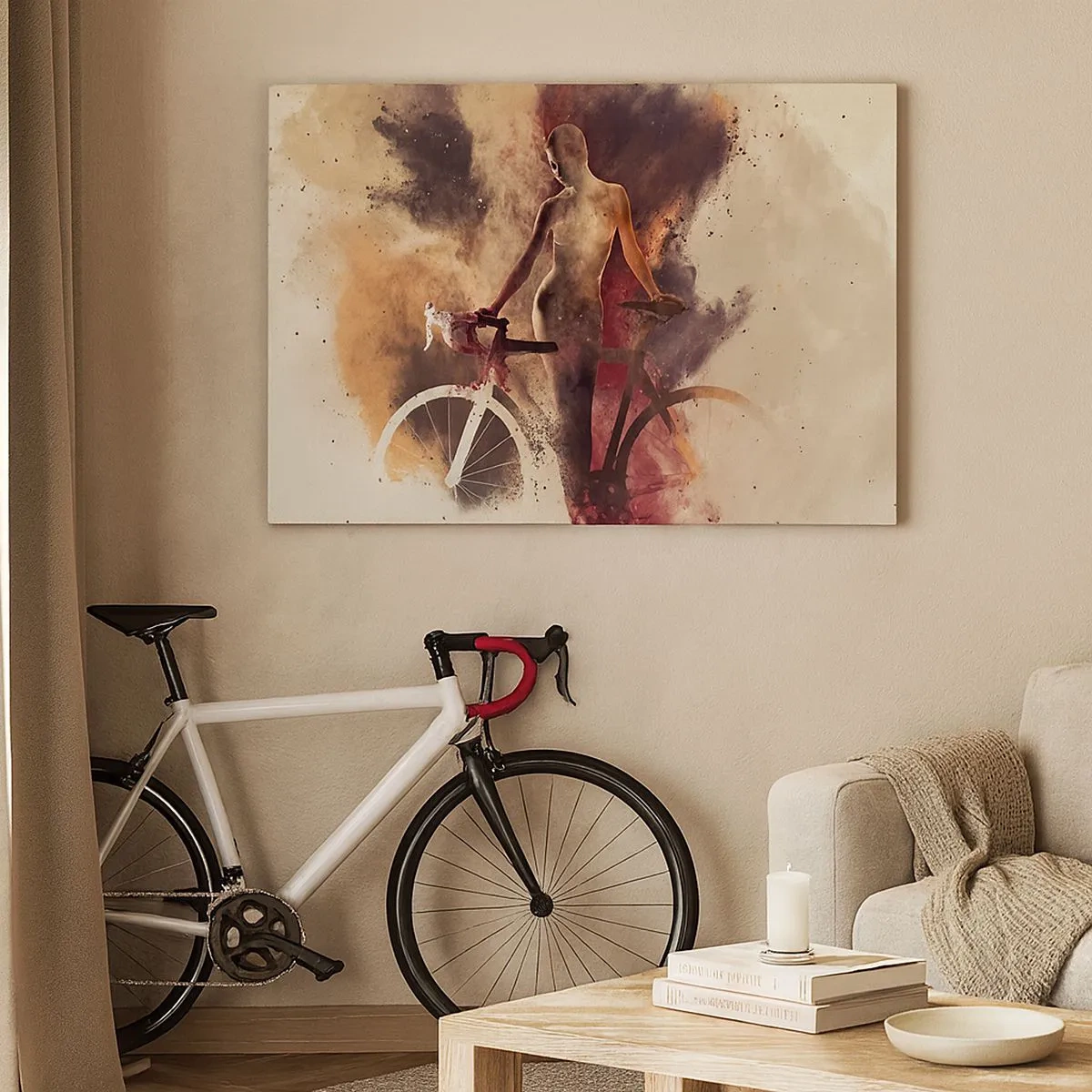 Quadro em tela - Silhueta abstrata com uma bicicleta em estilo artístico - 70x50cm - Uma alma de bicicleta em formas de mármore - Decoração de parede moderna para a sala de estar e quarto ARTTOR