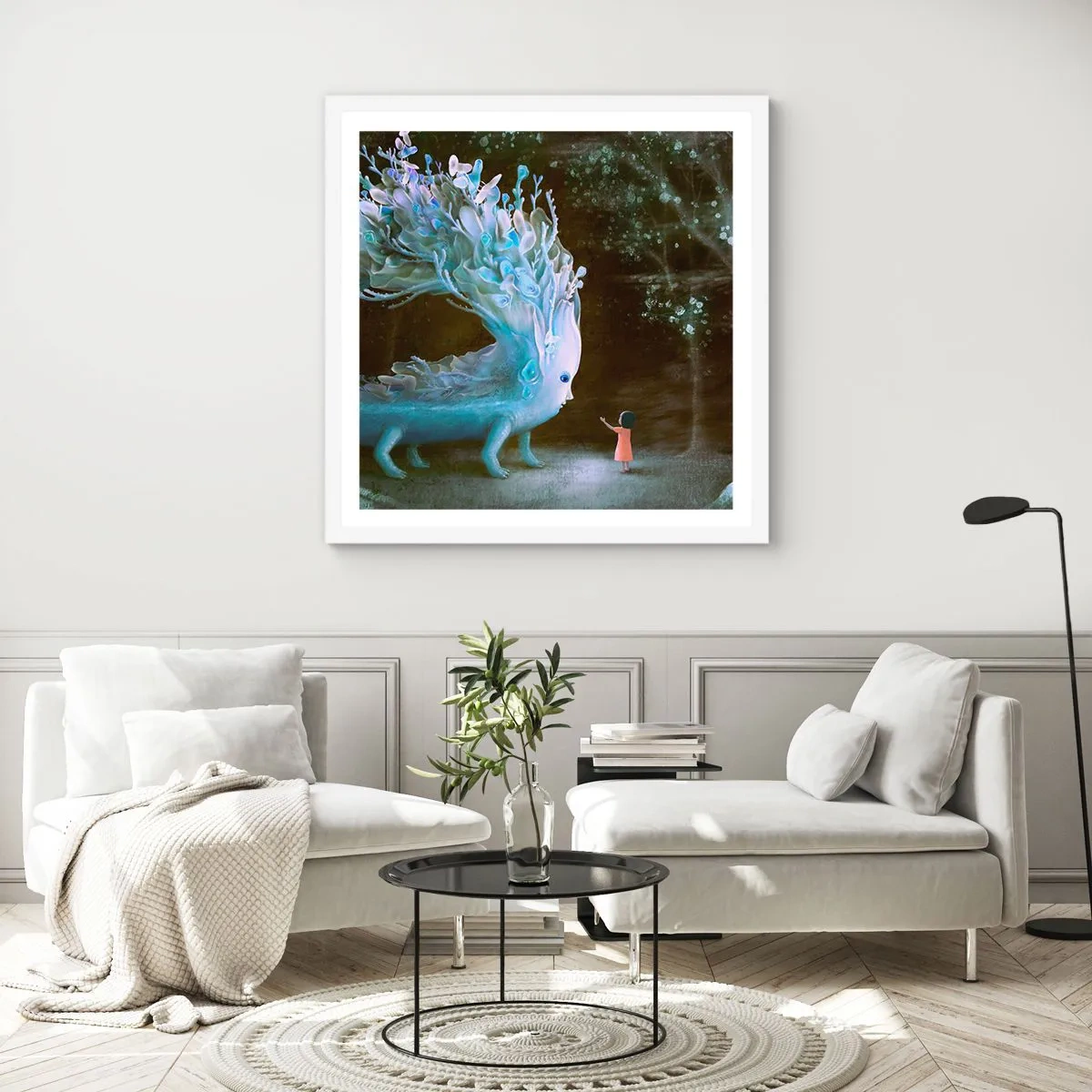 Pôster em moldura branca - Encontro fantástico - 30x30 cm