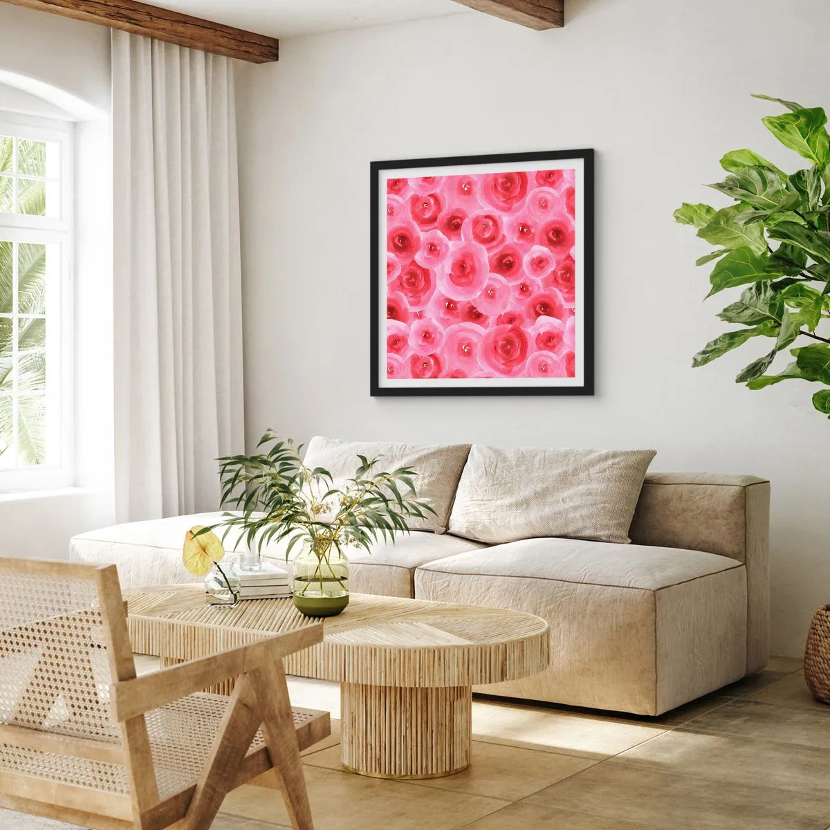 Pôster com moldura preta - Rosas acima e abaixo - 60x60 cm