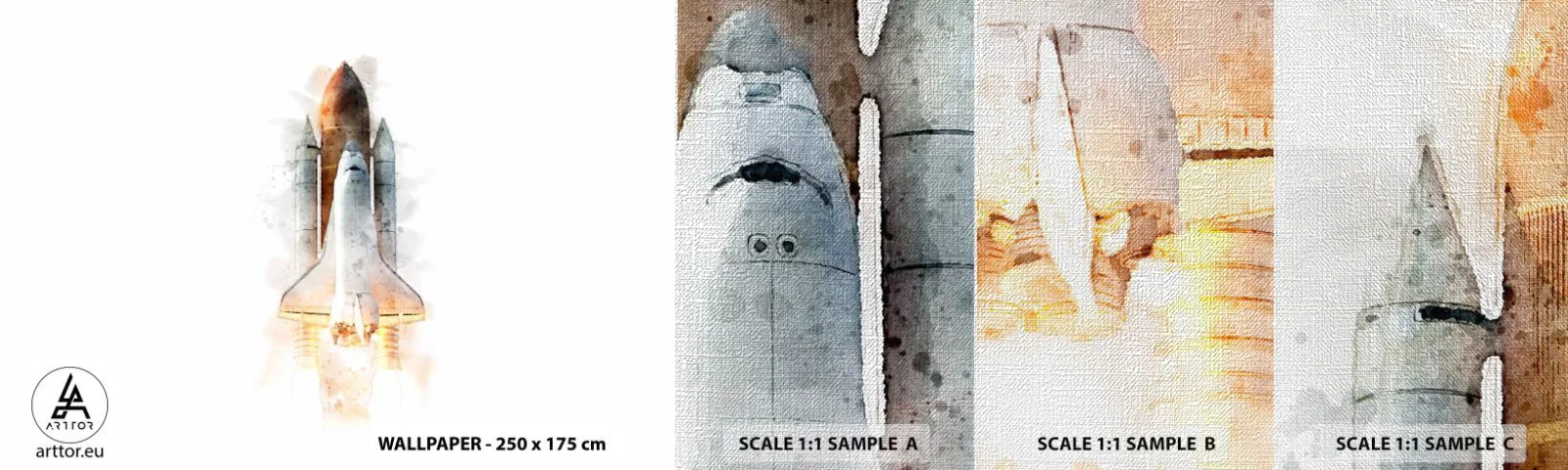 Amostra de papel de parede Premium Canvas - Exploradores para iniciantes - Um foguete espacial, Cosmos, Minimalismo - 100x30 cm