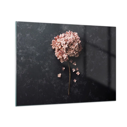 Quadro em vidro - Hortênsia seca com pétalas espalhadas sobre fundo escuro - 70x50cm - Um sinal verdadeiramente romântico - Decoração de parede moderna para a sala de estar e quarto ARTTOR