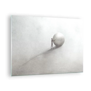 Quadro em vidro - Uma silhueta minimalista de um homem com uma bola grande em um fundo claro. - 70x50cm - O Jogo da Vida - Decoração de parede moderna para a sala de estar e quarto ARTTOR