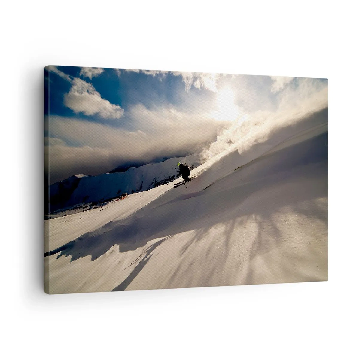 Quadro em tela - Um esquiador em uma encosta cercada por montanhas e neve - 70x50cm - O desafio das montanhas - Decoração de parede moderna para a sala de estar e quarto ARTTOR